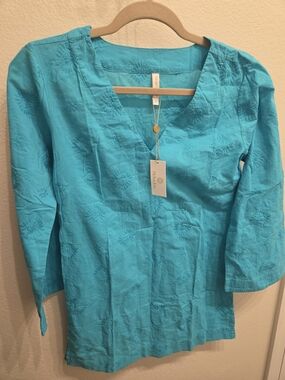 Helen Jon Turquoise V-Neck Embroidered Women's Top